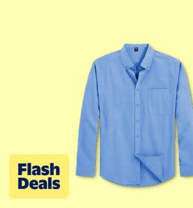 Flash deals. Image shows a blue Gents Bliss long-sleeve men's dress shirt with a pocket, displayed on a light yellow background.