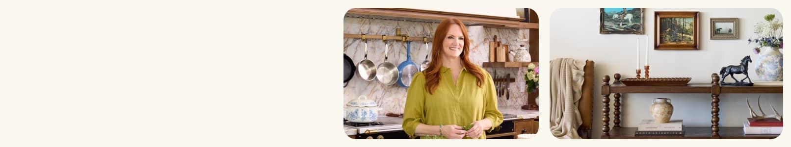Two images, one of Ree Drummond in a kitchen & the other of rustic decor on shelving in a home.