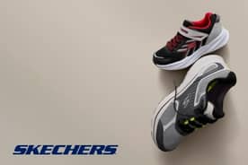 Two Skechers sneakers: one is red, black, white and grey. The other is grey, black and white.