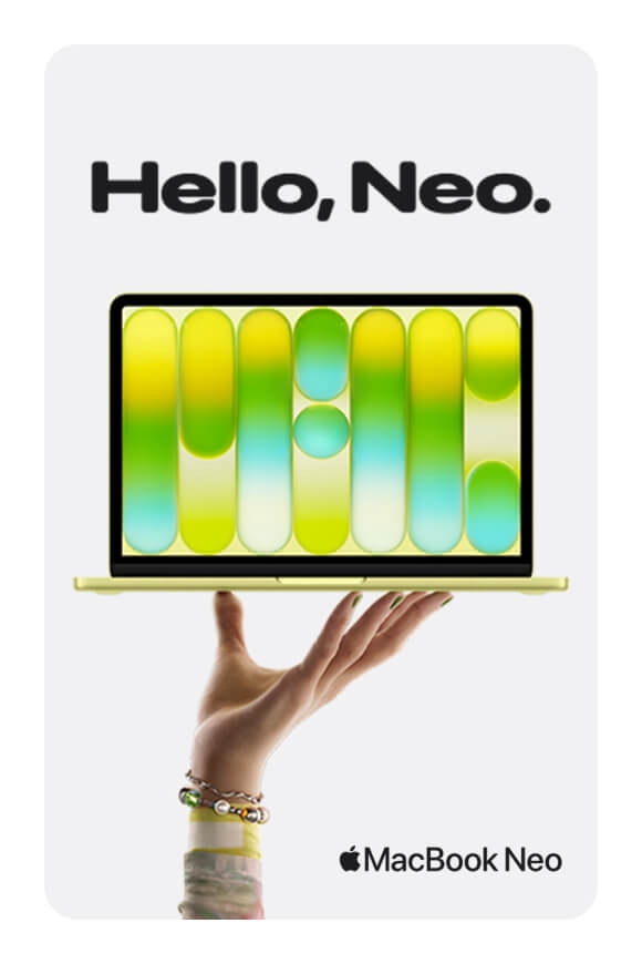 The Apple MacBook Neo logo and a hand holding up a MacBook Neo laptop with a green and yellow graphic design on the screen.