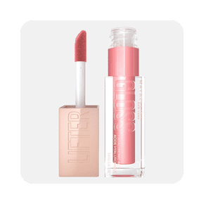 Image shows the Maybelline Lifter Gloss with a pink shade and hyaluronic acid, displayed on a light gray background.