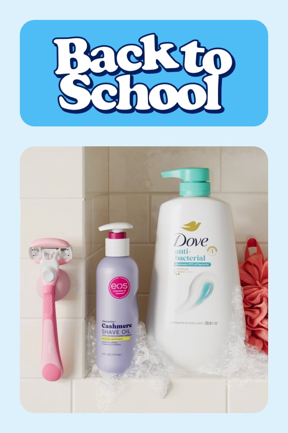 An image of shower products with the text: Teen bath & body faves. Fresh ways to shower, shave & more. Shop now.
