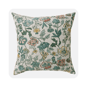 Image shows a square decorative outdoor pillow with a colorful floral pattern on a white background.
