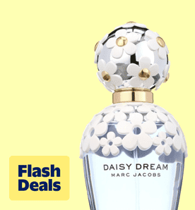Flash deals. Image shows a Marc Jacobs Daisy Dream perfume bottle with floral design on a light yellow background.