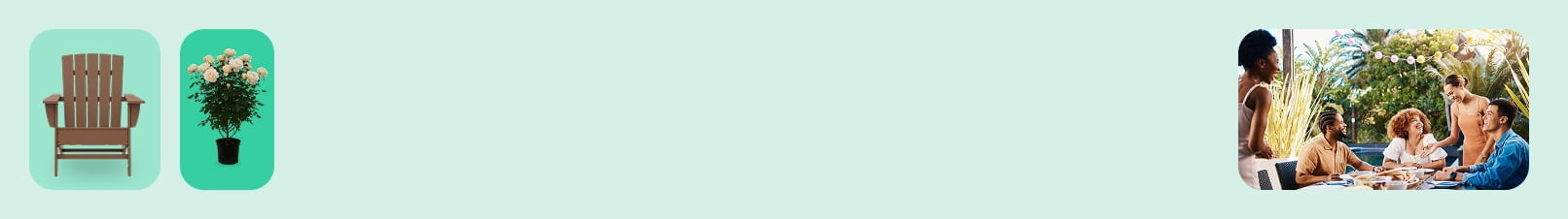 Product shots of an Adirondack chair and a potted plant of pink followers. A separate image shows a diverse group of people in a backyard setting.