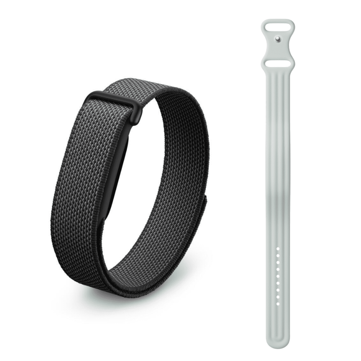 Image shows a black woven watch band and a gray silicone strap displayed on a white background.