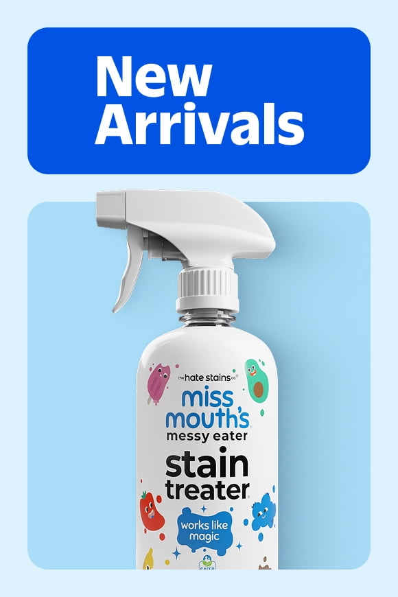 New Arrivals badge. Miss Mouths messy eater stain treater spray bottle with works like magic text and cartoon stain characters.