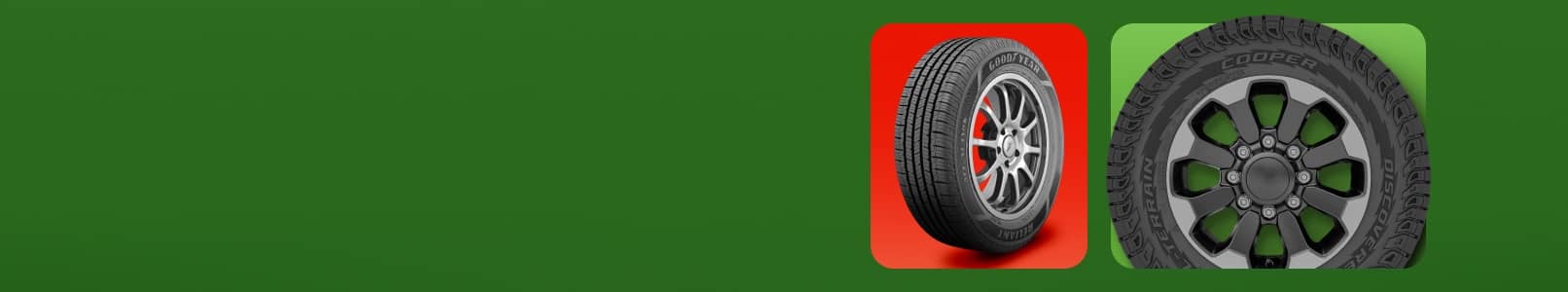 A black Goodyear Reliant all-terrain tire is on a red background. Next to it, a black Cooper Discoverer all-terrain tire is on a green background.