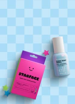 Starface Pimple Patches and Elf Thirst Burst Drops on blue checkered background.