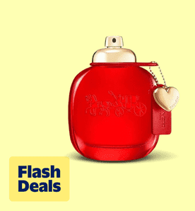 Flash deals. Image shows a red Coach Love perfume bottle with a gold cap and heart charm against a yellow background.