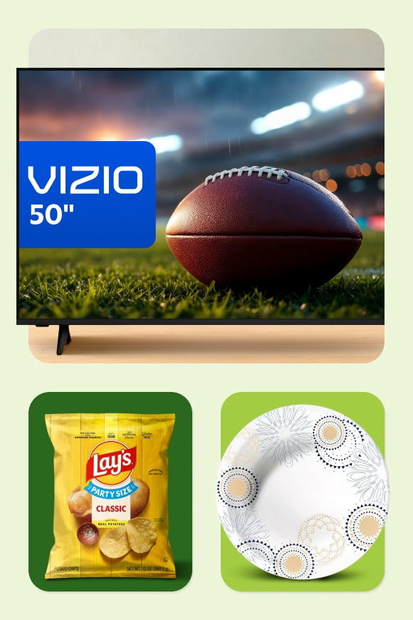 a television is above a bag of chips and disposable plates