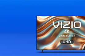 Image shows a Vizio Smart TV with a vibrant abstract display on a blue background.