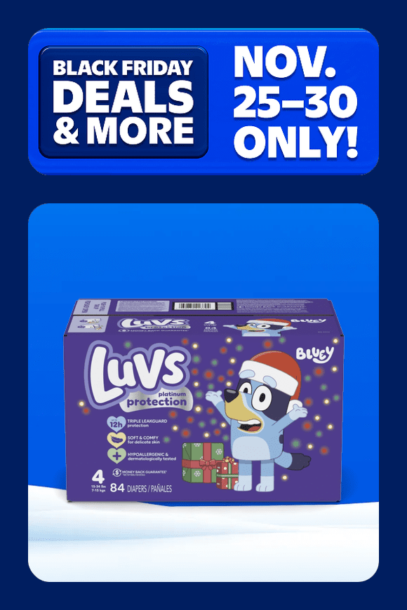 Image shows a purple box of Luvs Platinum Protection Baby Diapers, size four, on a blue background with holiday-themed design elements.