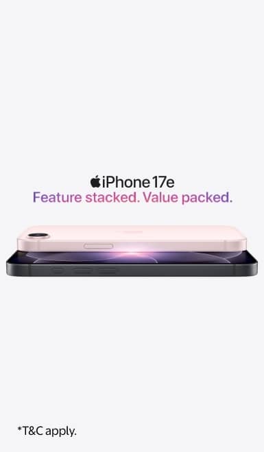 iPhone 17e in Soft Pink and Black with tagline Feature stacked. Value packed.