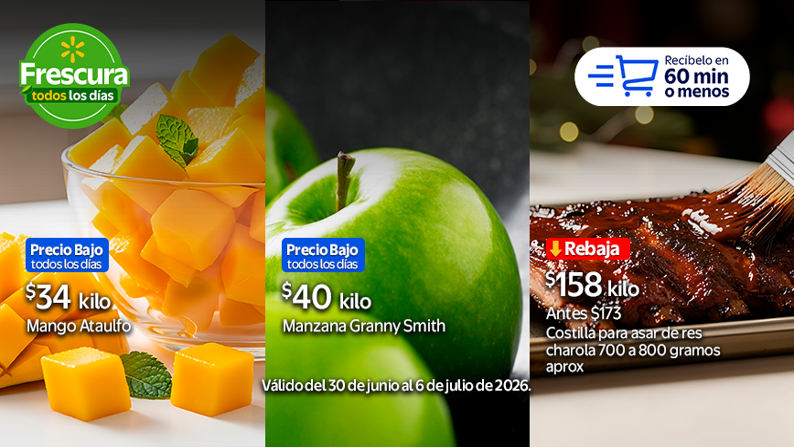 Mango Ataulfo $34 kilo + Manzana Granny Smith $40 kilo + Costilla para asar de res charola 700 a 800 gramos aproximadamente. Válido del 30 de junio al 6 de julio de 2026. Recíbelo en 60 min o menos.