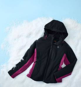 A women’s black and pink heated jacket with detachable hood is shown against a snowy background.