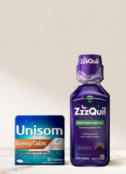 Unisom sleep tabs and Vicks ZzzQuil in the flavor grape.