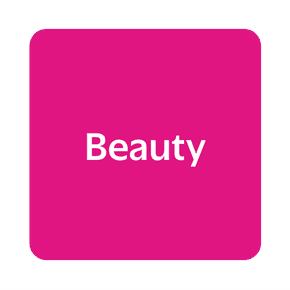 The word “beauty” is against a vibrant pink square background.