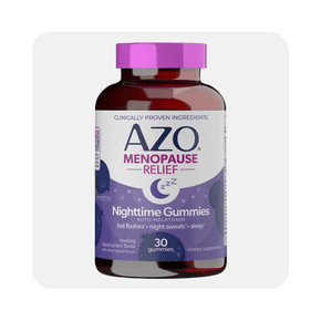 Image shows a bottle of AZO Menopause Relief Nighttime Gummies, supporting sleep and easing hot flashes, on a serene blue background.