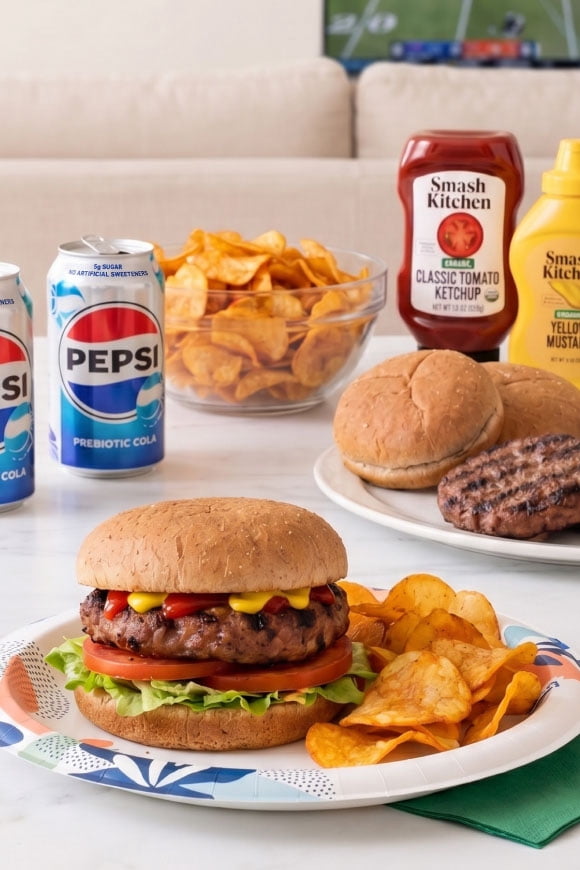 A paper plate with a burger and chips, a serving platter of burgers, ketchup, mustard, a bowl of chips and two cans of Pepsi on a counter.