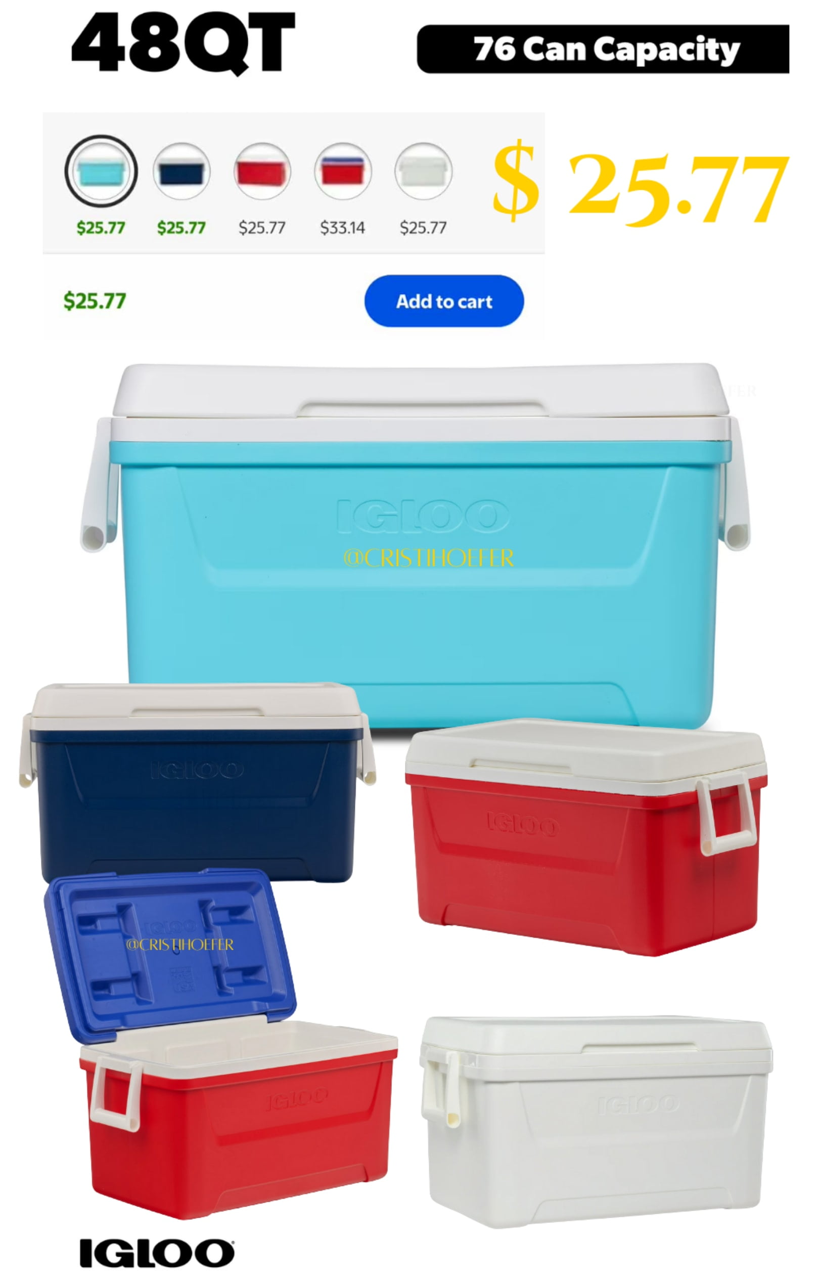 Igloo 48QT coolers are just $25.77! Huge, sturdy, and hold 76 cans. Perfect for parties, road trips, tailgates, and holiday hosting., Shop post,