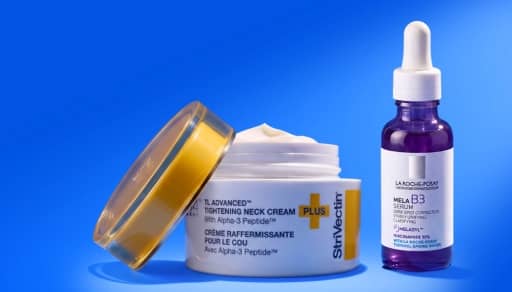 Strivectin TL Advanced Tightening Neck Cream Plus jar with open lid and La Roche Posay Mela B3 Serum dropper bottle.