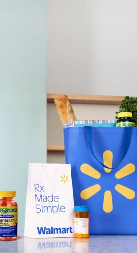 A bag of groceries and prescriptions are shown.