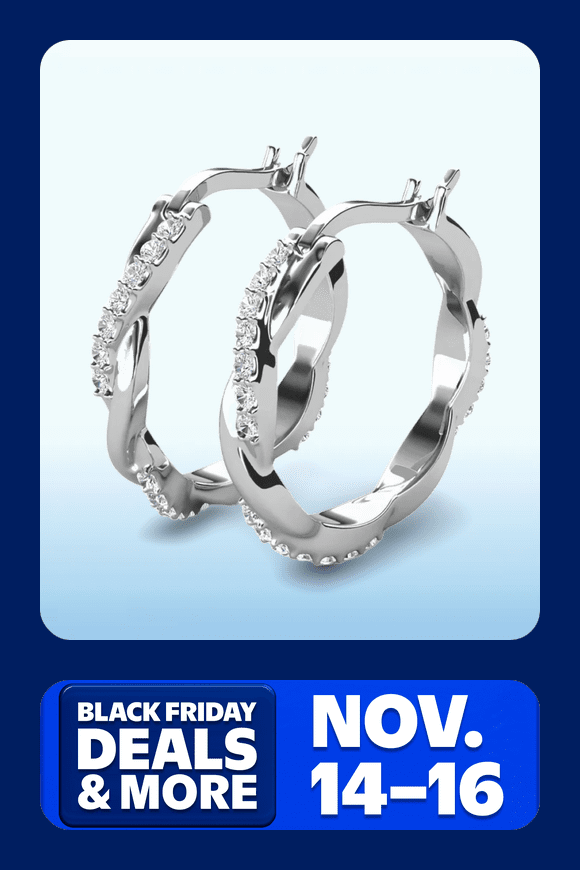 Image shows silver Cate & Chloe hoop earring with Swarovski crystals against a blue and white background.