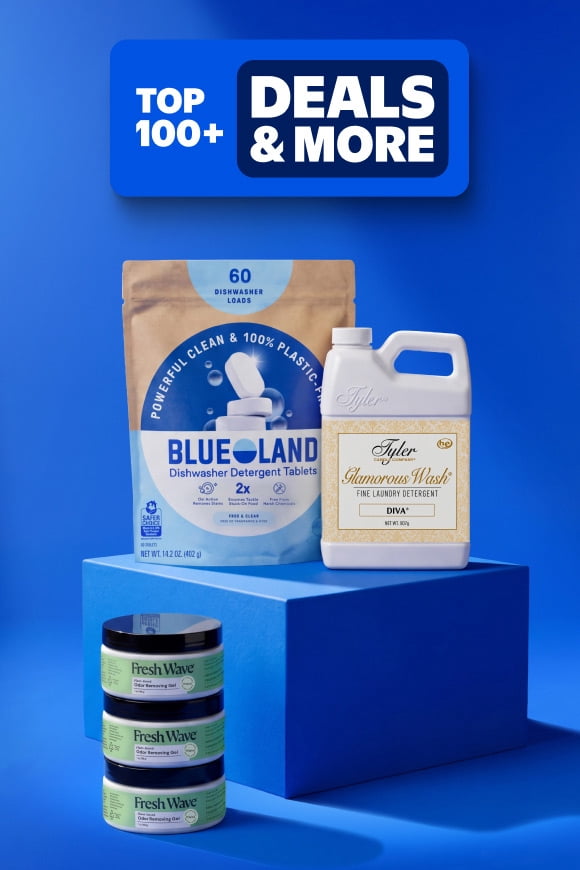 Top one hundred plus deals and more badge with Blue Land dishwasher tablets, Tyler Glamorous Wash and Fresh Wave odor removing gel jars.