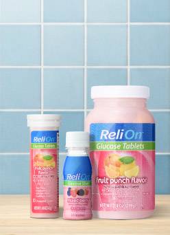 ReliOn’s mixed berry glucose shot, fruit punch glucose tablets in 10 and 50 count.
