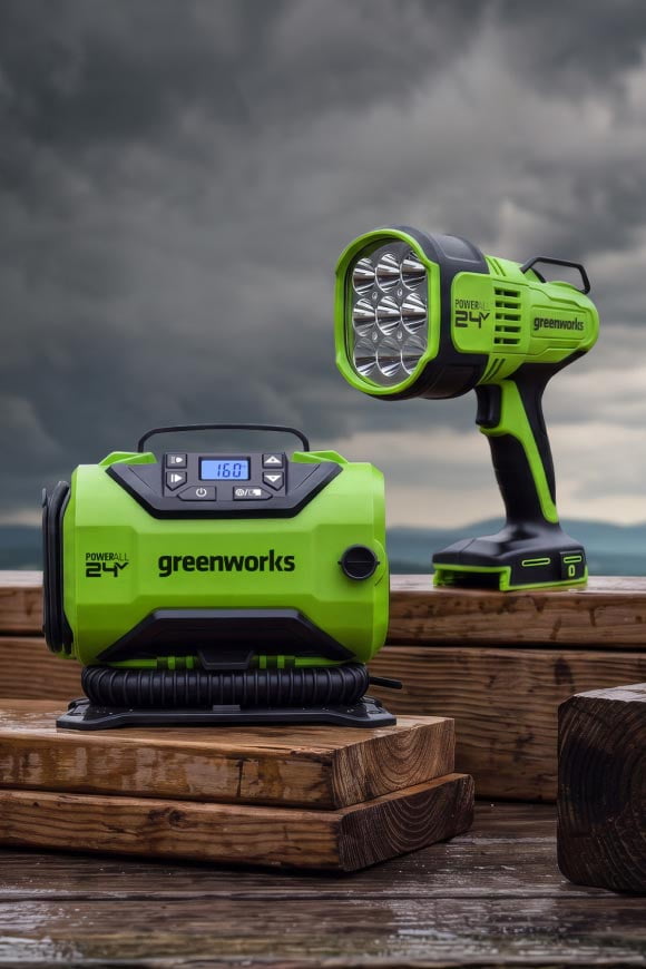 Greenworks twenty four volt cordless spotlight and power unit on stacked wooden beams.