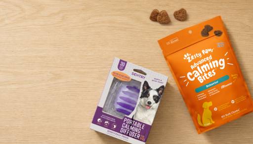 A Sentry portable calming diffuser and Advanced Calming Bites by Zesty Paws.