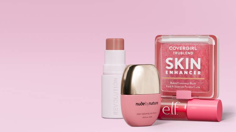 Image with pink background reading “Get the look: Blush rush, from $8” and “Shop now,” featuring blush stick, liquid blush, and compact makeup.