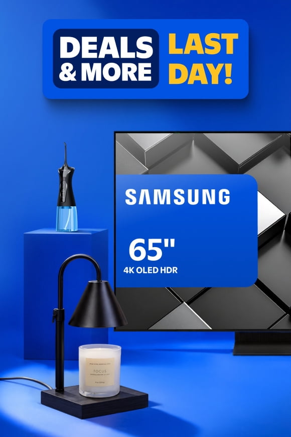 Deals and More badge reads: Last Day. Samsung sixty five inch 4K HDR TV with geometric screen beside a black lamp and candle.