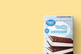 A box of Great Value vanilla ice cream sandwiches is shown against a light yellow background.