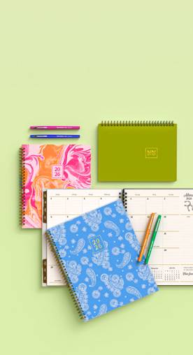 Pink, green, and blue notebooks on a green background.
