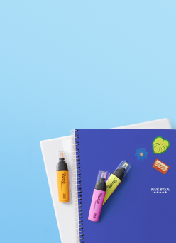 Folders and highlighters on a blue background.