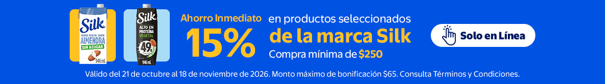 Ahorro inmediato de 15% en la compra mínima de $250 en productos seleccionados de la marca Silk y más del 21 de Octubre al 18 Noviembre.Monto máximo de bonificación $65. Exclusivo Online.Te lo llevamos de Volada