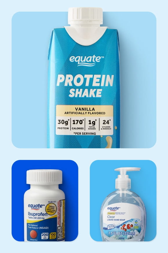 Equate brand vanilla protein shake, ibuprofen and hand soap.