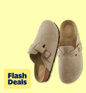 Image shows beige Ecetana women's suede clogs and mules with a cork footbed on a light yellow background.