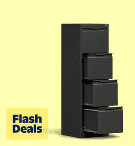 Flash deals. Image shows a black Kooyon four-drawer metal file cabinet with open drawers, set against a light yellow background.