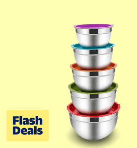 Image shows Mixing Bowls with Lids Set of 5, Vesteel Stainless Steel Mixing Bowls Metal Nesting Salad Bowls, Size 4.5, 3, 1.5, 1, 0.7 QT Great for Coo
