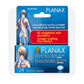Image shows a box of Flanax pain reliever/fever reducer tablets, containing twenty-four tablets, with a blue and red design on the packaging.