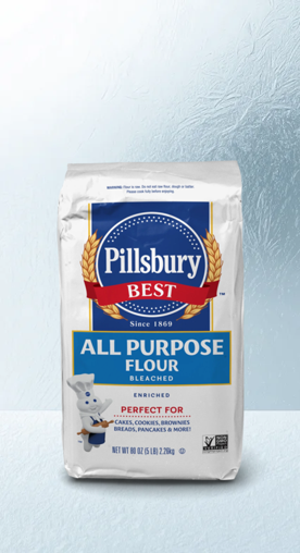 Image shows a bag of Pillsbury all purpose flour against a light blue textured background