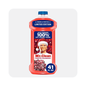 Image shows a red Mr. Clean Frosted Cranberry all purpose cleaner bottle on a white and black background.