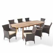 Siesta Aged Teak Outdoor Wicker and Cushion 7 Pc. Mixed Dining Set with 84  x 40 in. Dining Table