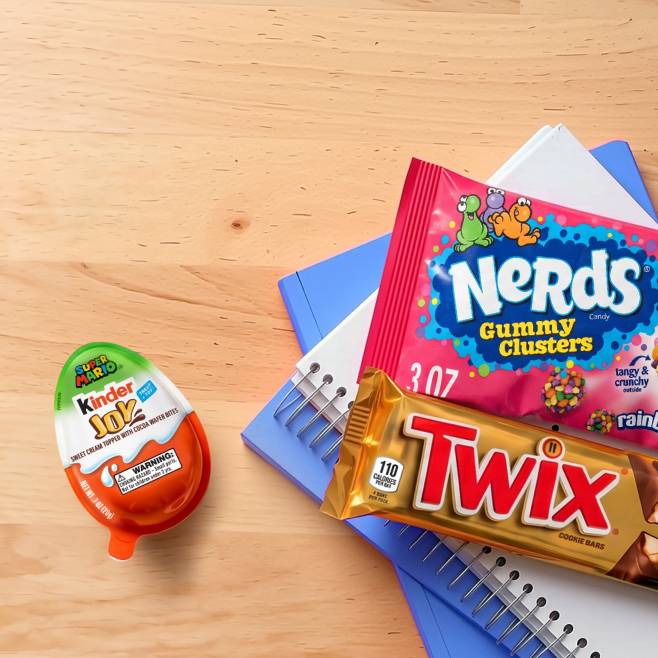 From $1.98. A Super Mario Kinder Joy egg next to Nerds rainbow Gummy Clusters and Twix on top of notebooks on a wooden surface.
