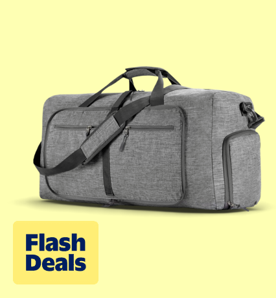 Image shows a gray Xueyu duffel bag with multiple compartments on a pale yellow background.