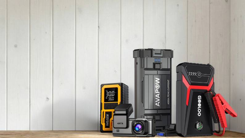 Dash cam, jump-starter, car batteries. Text reads: up to thirty-five percent off.