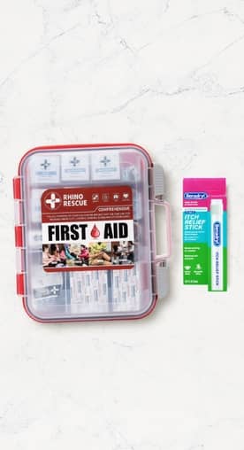 View a first aid kit and a Benadryl itch relief stick. Up to thirty-five percent off.